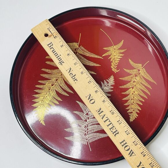 VTG Gold Silver Lacquerware Fern Rust Red Round Serving Tray 13" Marusei Japan - Picture 12 of 12